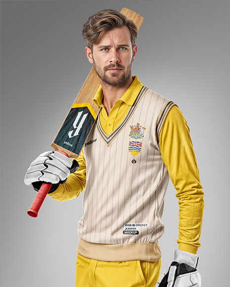 Cricket Player Wearing a Sleeveless Jumper Holding a Bat Mockup