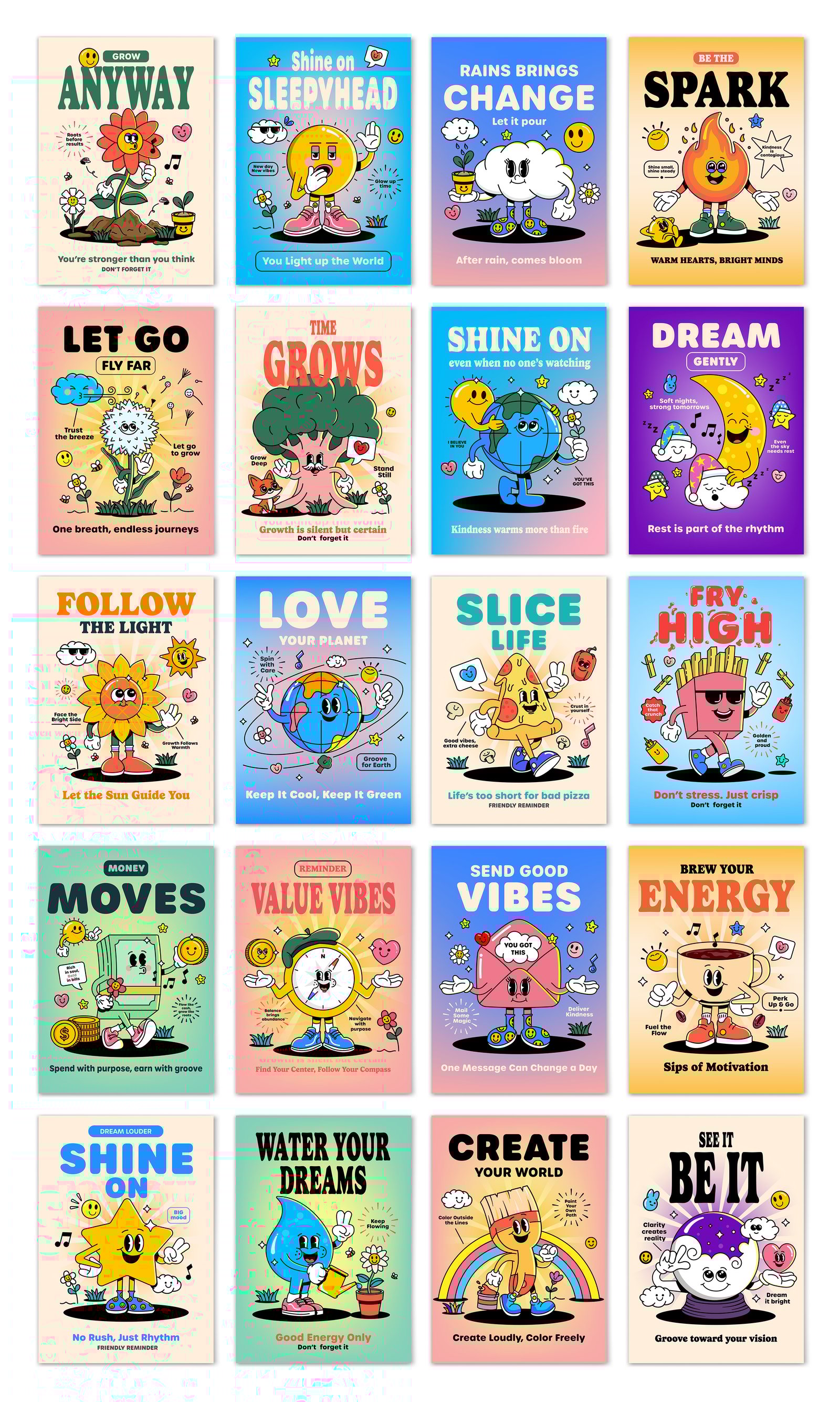 Groovy Nature Wisdoms – 20 Motivational Posters in Retro Cartoon Style (Vector Pack)