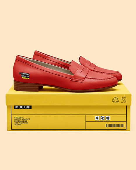 Pair of Women's Leather Loafers on Shoe Box Mockup