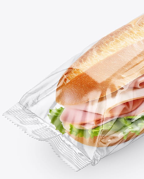 Clear Plastic Flow-Pack with Sandwich in Kraft Paper Sleeve Mockup