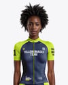 Black Woman Wearing Raglan Cycling Jersey and Bib Shorts Mockup