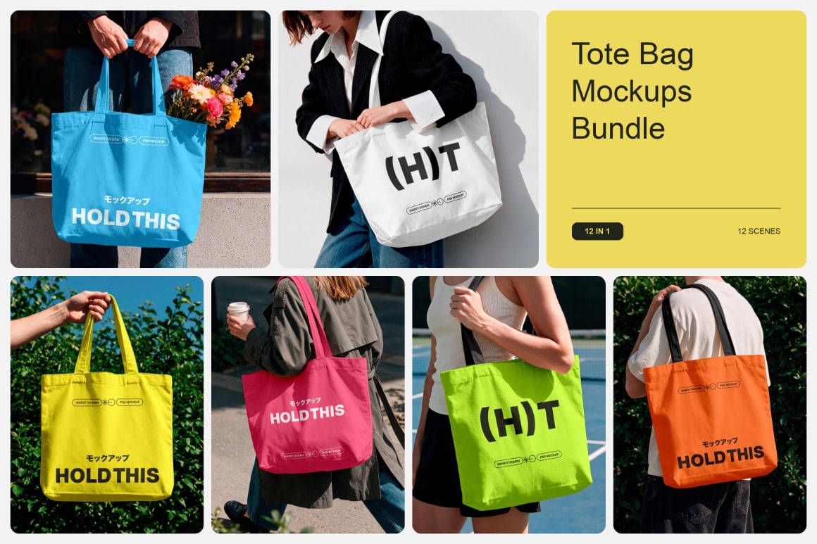 12 in 1 Lifestyle Tote Bag Mockups Bundle
