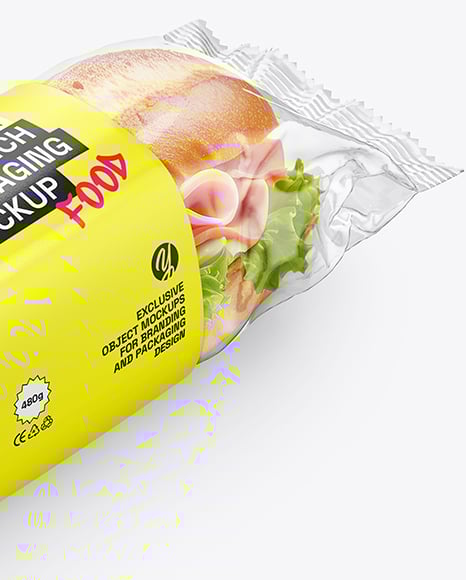 Clear Plastic Flow-Pack with Sandwich in Paper Sleeve Mockup