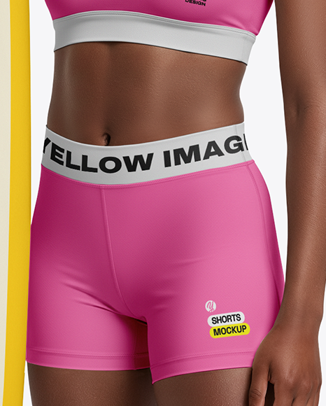 Woman Wearing Sports Bra and Shorts Holding Surfboard Mockup