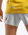 Female Soccer Player Wearing Jersey and Shorts Mockup