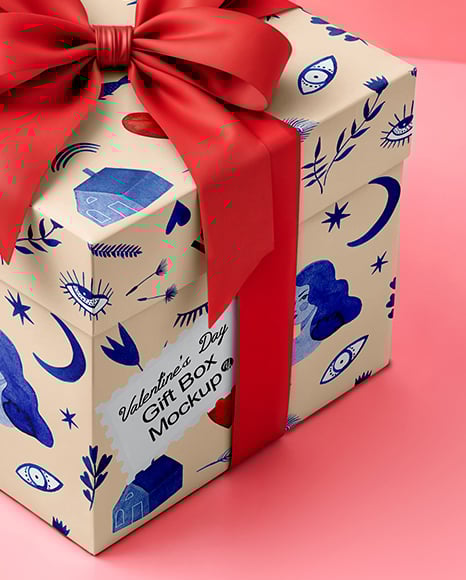 Gift Box with Red Bow on Pink Background Mockup