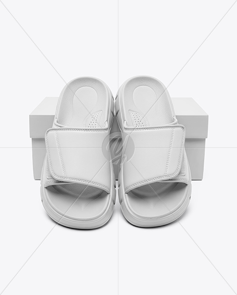 Pair of Velcro Slide Sandals With Box Mockup
