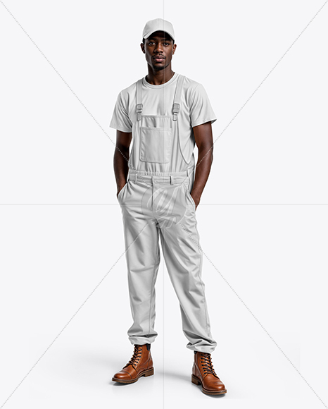 Black Man Wearing a Bib Overalls and T-Shirt Mockup