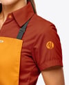 Female Fast Food Worker in Uniform with Paper Bag Mockup
