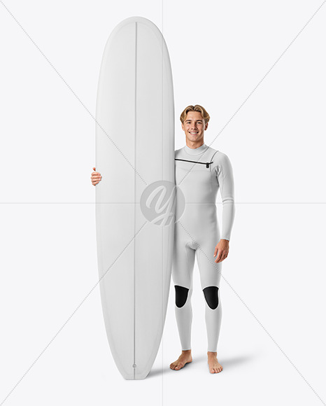 Surfer Wearing Wetsuit with Longboard Mockup