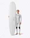 Surfer Wearing Wetsuit with Longboard Mockup