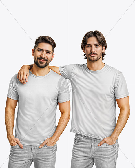 Two Young Men Wearing T-shirts and Jeans Mockup