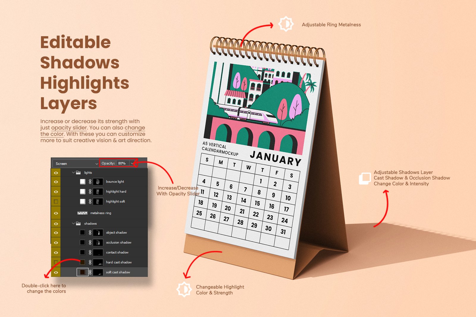 A5 Vertical Ring Desk Calendar Mockup Set
