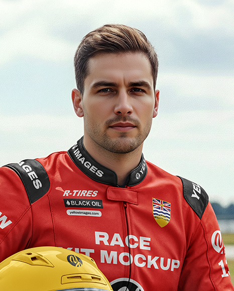 Man Wearing Moto Racing Kit on Sport Bike Mockup