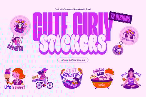 Flat Cute Girly Stickers Set - Cute girly stickers