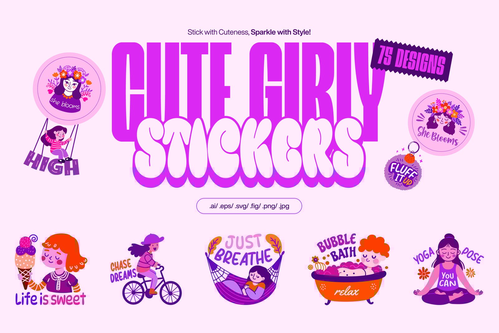 Flat Cute Girly Stickers Set
