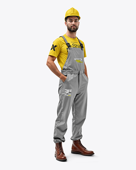 Builder Wearing Bib Overalls and T-Shirt Mockup - Construction helmet