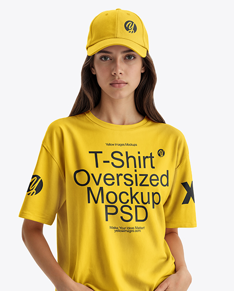 Young Woman Wearing T-Shirt and Baseball Cap Mockup