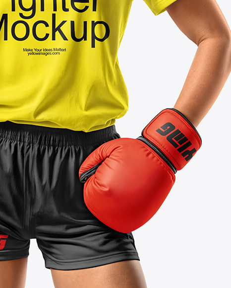 Female UFC Fighter Wearing T-Shirt & Shorts Mockup