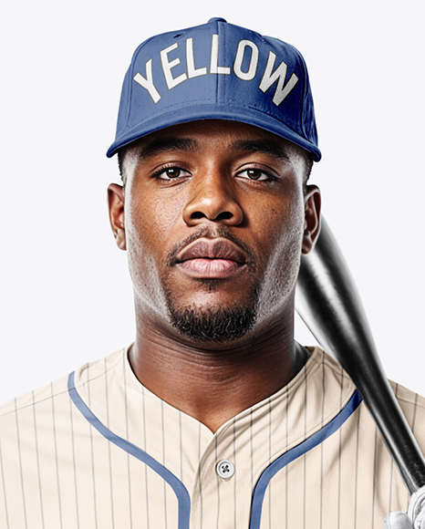 Black Man Wearing a Full Baseball Kit with Bat Mockup