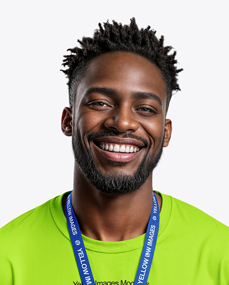 Smiling Black Man Wearing T-shirt with Badge Holder Mockup