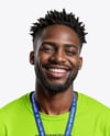 Smiling Black Man Wearing T-shirt with Badge Holder Mockup