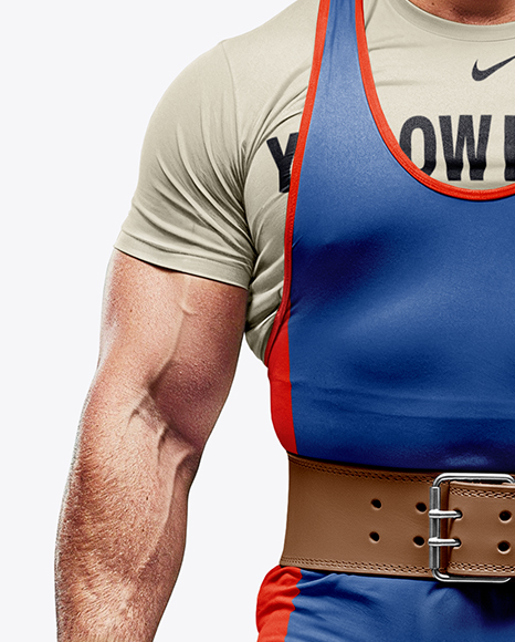 Man Wearing Weightlifing Suit with Barbell Mockup