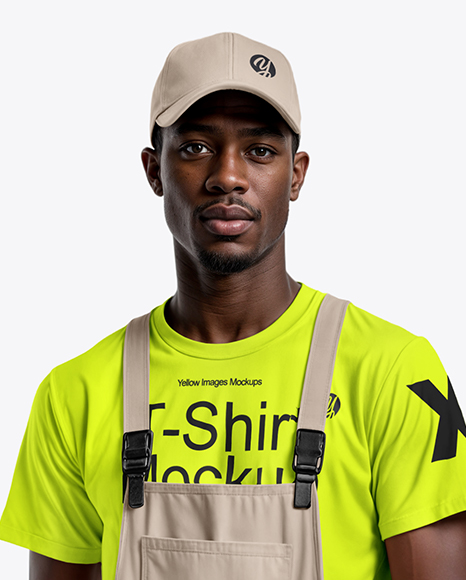 Black Man Wearing a Bib Overalls and T-Shirt Mockup