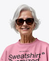Smiling Elderly Woman Wearing Oversize Sweatshirt & Sweatpants Mockup
