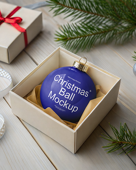 Glossy Christmas Ball in a Box Mockup
