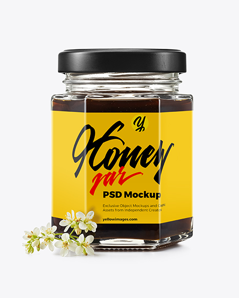 Hexagonal Glass Jar with Buckwheat Honey Mockup - Realistic mockups