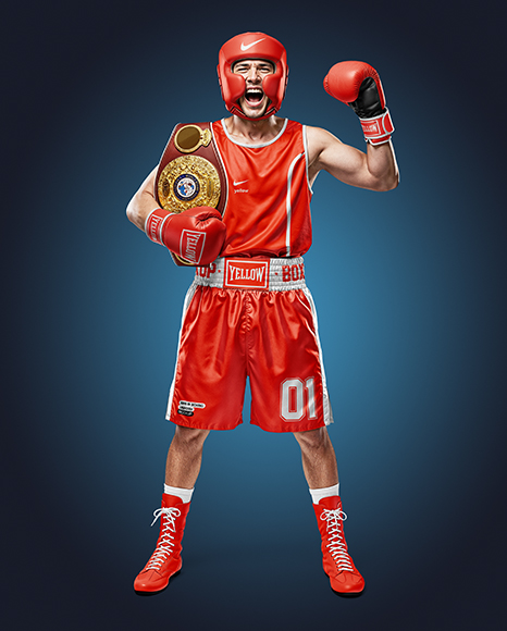 Man Wearing Boxing Jersey and Shorts with Champion Belt Mockup