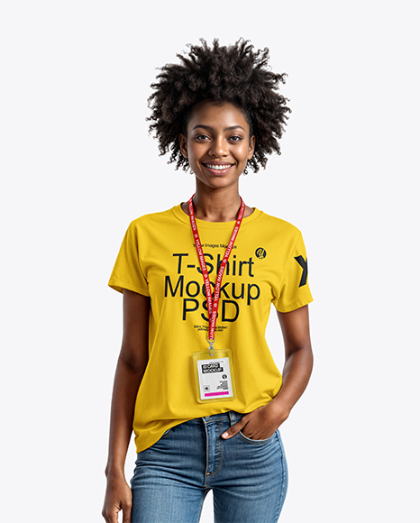 Young Black Woman Wearing T-Shirt with Badge Holder Mockup - Mockups