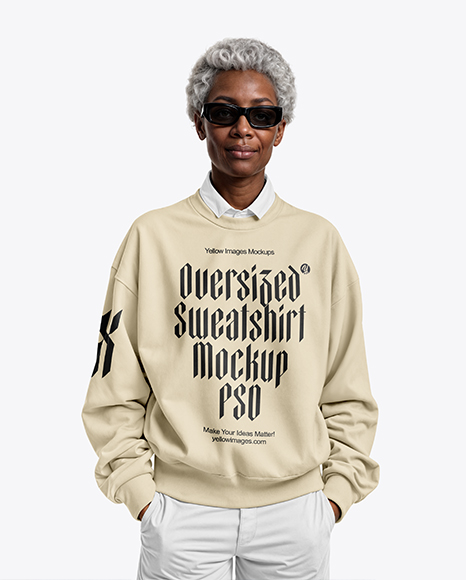 Elderly Black Woman Wearing Oversize Sweatshirt and Pants Mockup - Blank sweatshirt mockup