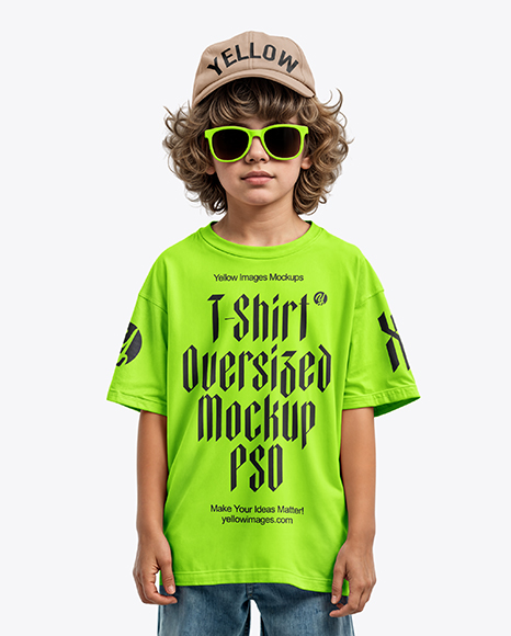 Boy Wearing Oversize T-Shirt and Baseball Cap Mockup