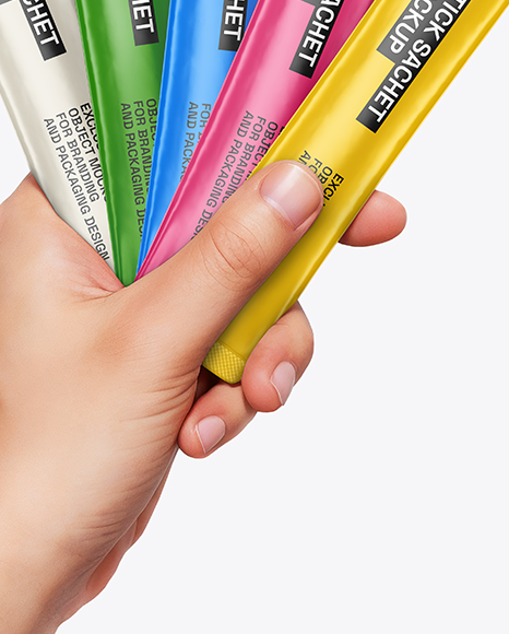 Five Sachets in a Hand Mockup
