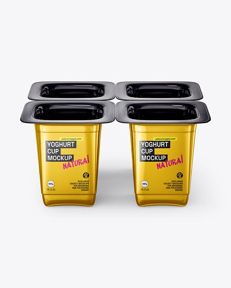 4 Metallized Plastic Yoghurt Cups Mockup