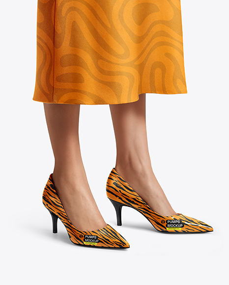 Pair of Pumps on Woman's Legs with Dress Mockup - White dress mockup