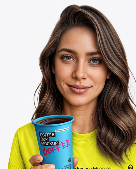 Woman Wearing a T-shirt Holding 16oz Paper Cup Mockup