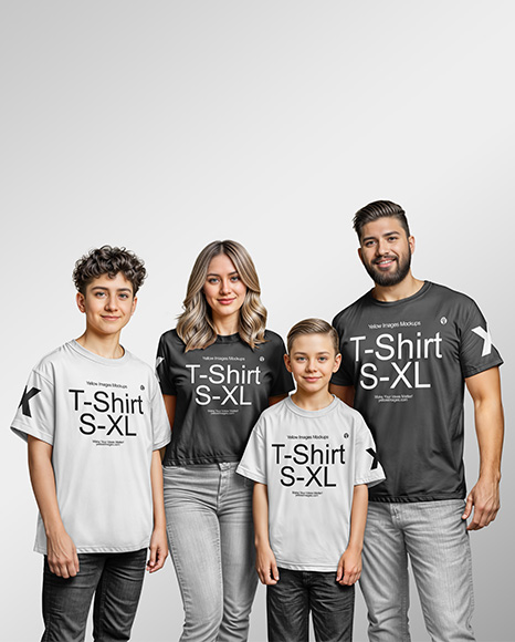 Family with Two Boys Wearing T-shirts and Jeans Mockup