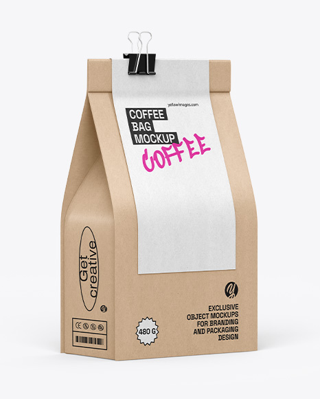 Kraft Coffee Bag with Clip Mockup – Half Side View - Product package mockup