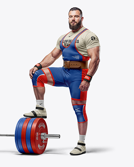 Man Wearing Weightlifing Suit with Barbell Mockup