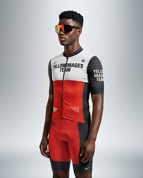 Afro-American Man Wearing Cycling Jersey and Bib Shorts Mockup