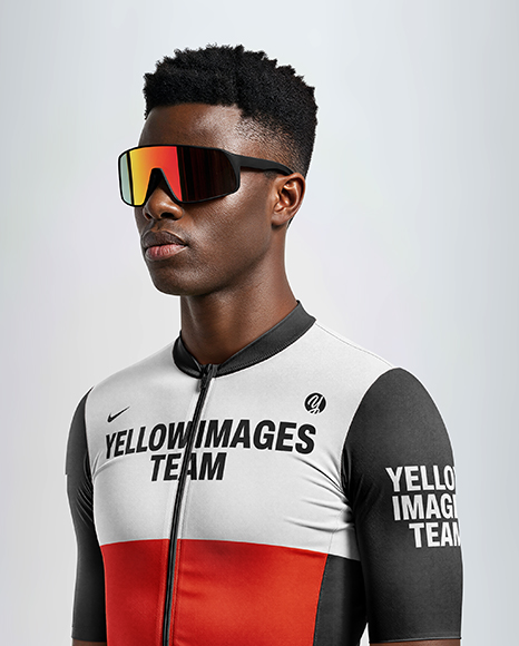 Afro-American Man Wearing Cycling Jersey and Bib Shorts Mockup