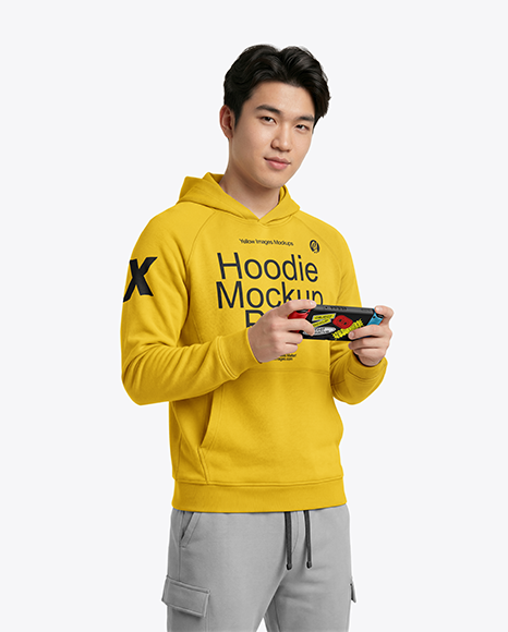 Asian Man Wearing Hoodie with Portable Console Mockup