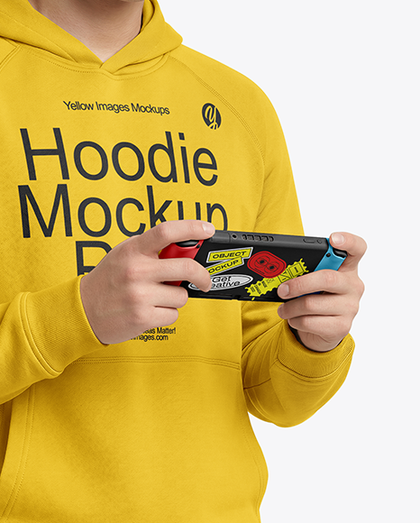 Asian Man Wearing Hoodie with Portable Console Mockup