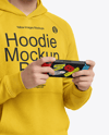 Asian Man Wearing Hoodie with Portable Console Mockup