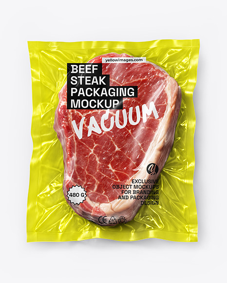 Clear Plastic Flow-Pack with Beef Steak Mockup