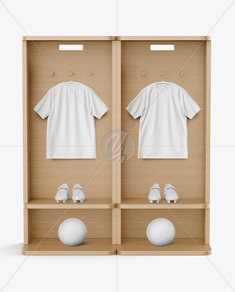 Soccer Training Kit Hanging inside a Wooden Locker Mockup