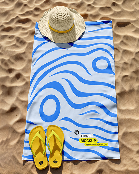 Beach Blanket with Straw Hat and Flip-Flops Mockup - Fabric mockup